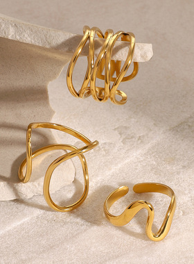 欧美钛钢不掉色戒指女小众设计镀金轻奢不锈钢手饰高级感配饰