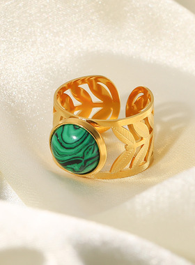 INS网红款18k镀金空心叶可调节圆形绿色孔雀石不锈钢开口戒指指环