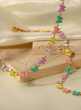 女式时尚百搭配饰18k金不锈钢滴油手链彩色珐琅蝴蝶项圈项链套装