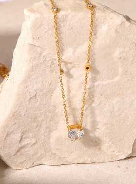 INS风18K镀金不锈钢项链白色心形锆石项链女士气质饰品高级感项饰