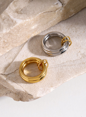 18k金不锈钢金属光面两件套戒指热销ins风钛钢简约戒指