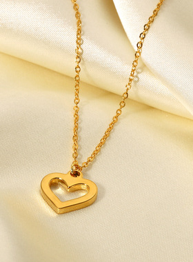 新款18K金真空电镀心形项链 不锈钢透明锆石空心心形吊坠项链女式