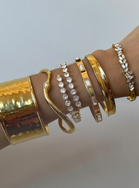 欧美不锈钢锆石手镯轻奢高级感开口镯子不掉色钛钢手饰品