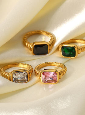 欧美不锈钢矩形祖母绿粉色锆石戒指女式羊角面包扭曲螺旋戒指首饰