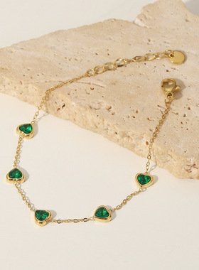 欧美INS新款手链14K金多个心形绿色锆石手链 钛钢时尚手链饰品女