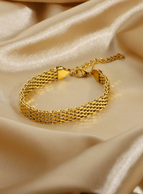 欧美不锈钢古巴手链 复古网带钛钢镀金宽手链18K真空电镀手链饰品