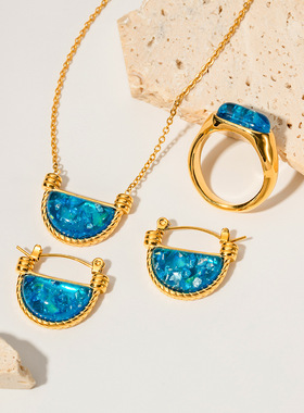 欧美时尚复古风天然蓝色树脂扇形篮子吊坠项链女士不锈钢饰品