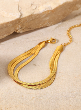 三层精致扁平蛇链手腕首饰18K镀金可堆叠不锈钢骨链手链女士饰品