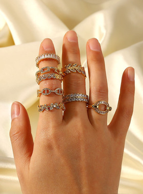 欧美新款INS风18K金铜镶锆开口戒指时尚复古风对戒几何型指环女式