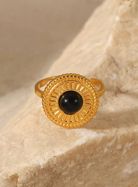 2023新款不锈钢黑色半宝石可调节戒指圆形纽扣圆盘首饰晚会礼物女