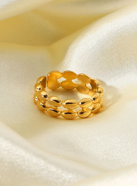 18K金不锈钢戒指双层椭圆豆豆开口戒指钛钢戒指时尚指环独立包装