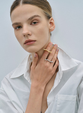 18k金不锈钢/简约波纹一字开口戒指极简风时尚线条感戒指女