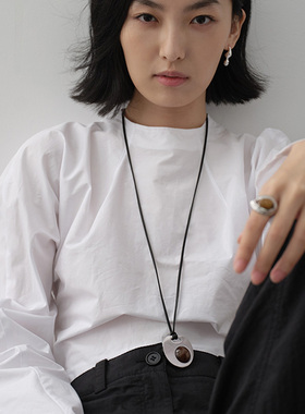矿石镜面金属吊坠皮绳项链
