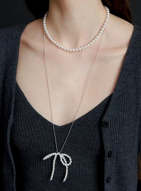 韩国小众时髦高级气质手工串珠施家珍珠蝴蝶结吊坠长款项链毛衣链