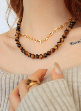 虎眼石手工串珠拼接项链