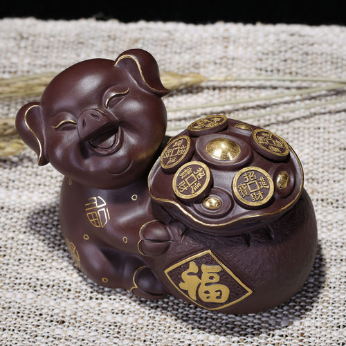 金猪纳福 茶宠 原矿紫泥 宜兴紫砂雕塑 做工精致高档茶宠摆件 - 图1