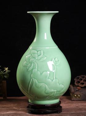 Atpeun影青瓷浮雕荷花花瓶 景德镇陶瓷花瓶家居客厅 中式工艺品摆