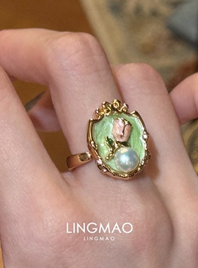 中古油画风仿珍珠玫瑰花滴釉戒指