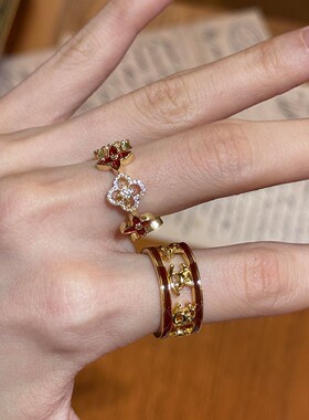 复古老钱风红色滴釉四叶草戒指女