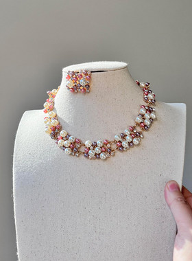 法式重工多层粉紫色仿珍珠项链女