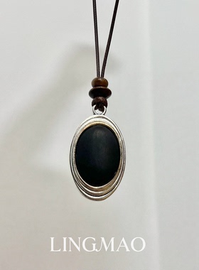 复古做旧木质黑色椭圆吊坠项链女