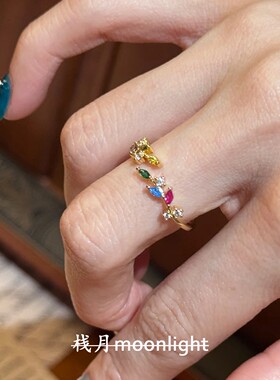 复古彩色爆闪马眼钻麦穗戒指小众