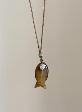 中古仿虎眼石小鱼吊坠长款项链女