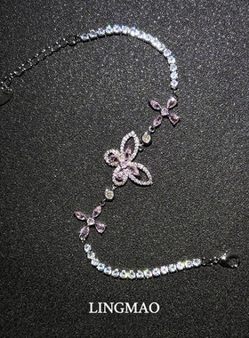 韩系闪钻粉色蝴蝶花朵手链高级感