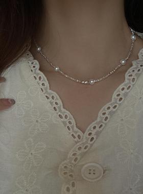 s925纯银碎银子珍珠项链女锁骨链