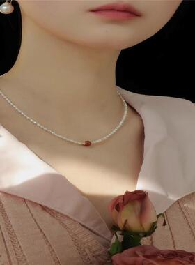 复古仿朱砂痣珍珠项链女款锁骨链