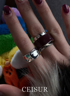 酒红色宽版戒指时尚精致小众设计