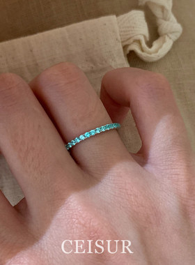 蓝色爆闪排钻戒指简约高级感轻奢