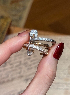 中古金银撞色闪钻别针戒指高级感