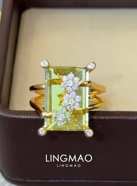 橄榄绿石双环金色戒指小众高级感