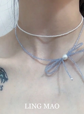 双层蓝色蝴蝶结仿珍珠项链清冷感