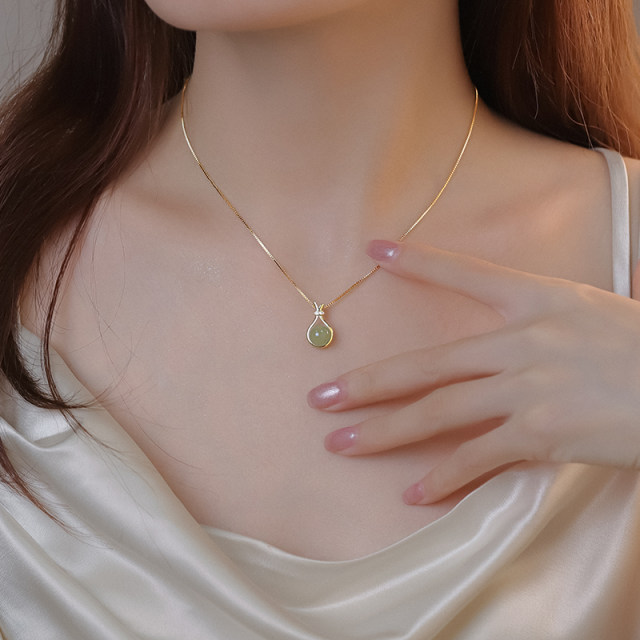 925 Sterling Silver Lucky Bag and Hetian Jade Necklace for Women Light Luxury