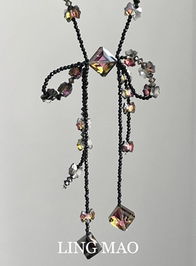 暗黑系紫色闪钻蝴蝶结流苏项链女