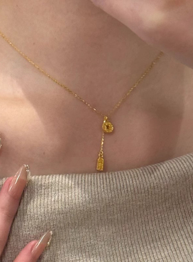 s925纯银平安牌流苏金色项链女款