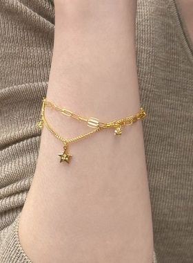 S925纯银双层星星金色手链复古风