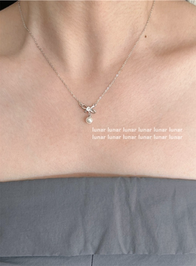 s925银蝴蝶结珍珠项链女吊坠颈链