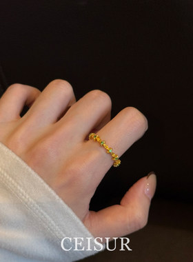 点钻绿宝金色戒指小众轻奢高级感