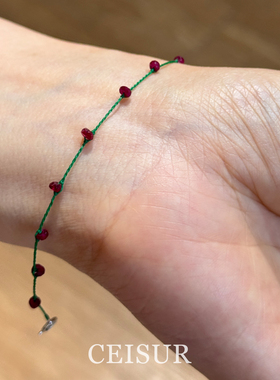 mini朱砂红碎石极细编绳手链小众