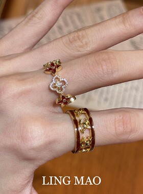 中式老钱风红色闪钻四叶草戒指女