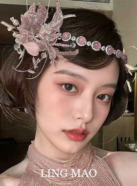 复古风闪钻羽毛发带女轻奢高级感