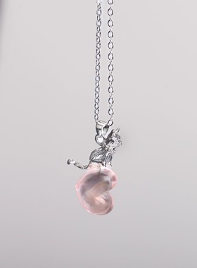 S925纯银粉色桃爱心小猫咪项链女