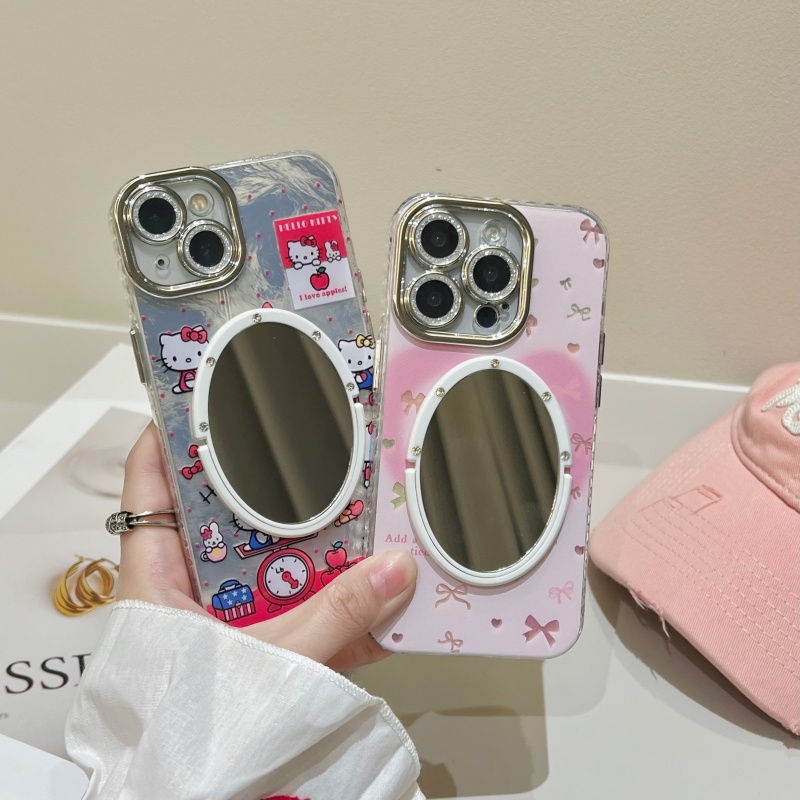 可爱少女kt猫锡纸适用16苹果17promax手机壳镜子iphone15粉色爱心蝴蝶结羽纱14/13闪粉镜头全包软硅胶冰川纹-图0