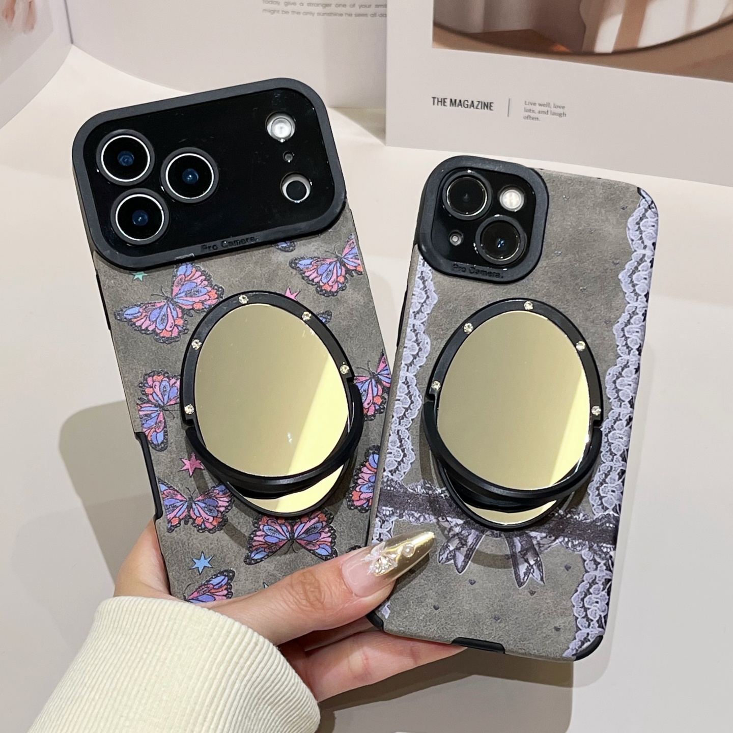 紫色大蝴蝶翻毛皮适用iphone17/16promax镜子手机壳皮质13/14苹果15pro花边蕾丝蝴蝶结保护壳灰色小羊皮全包-图0