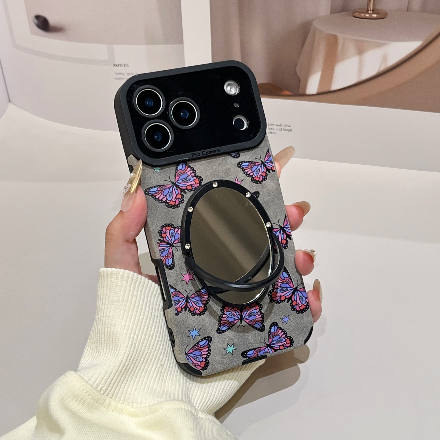 紫色大蝴蝶翻毛皮适用iphone17/16promax镜子手机壳皮质13/14苹果15pro花边蕾丝蝴蝶结保护壳灰色小羊皮全包-图1