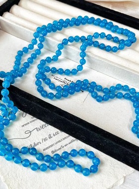 新中式复古8MM加长版180厘米左右天然精品冰透蓝玉髓毛衣链项链女