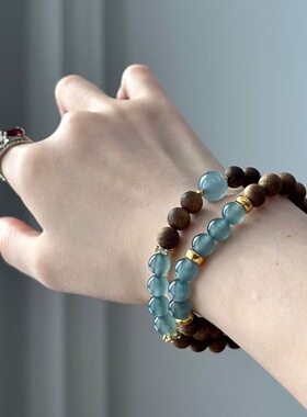 纯天然蓝水翡翠手链搭配沉香木手串女款新中式国风小众设计感高级